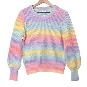 Crown & Ivy Crew Neck Sweater Rainbow Color Cable Hand Knit Wool Blend Size L